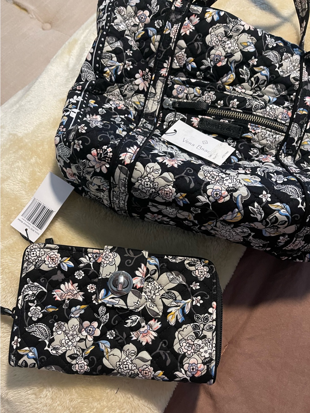 Vera Bradley Black Quilted Floral Tote and Wallet Set NWT